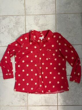 Denim & Co| Vintage Wash Americana Red Star-Print Button-Up Shirt | Sz XL